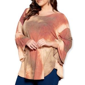 Plus Size Soft Brushed Knit Tie Dye Bell Sleeve Tunic